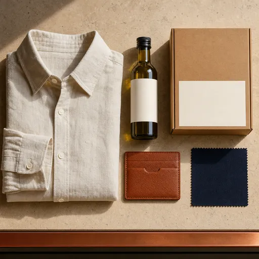 A shirt, a bottle of olive oil, a leather wallet and a parcel laid out on a table