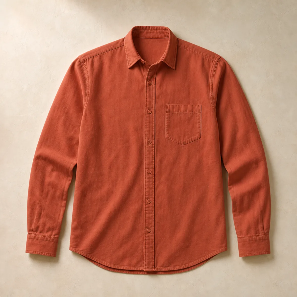Red cotton shirt displayed in a demo store